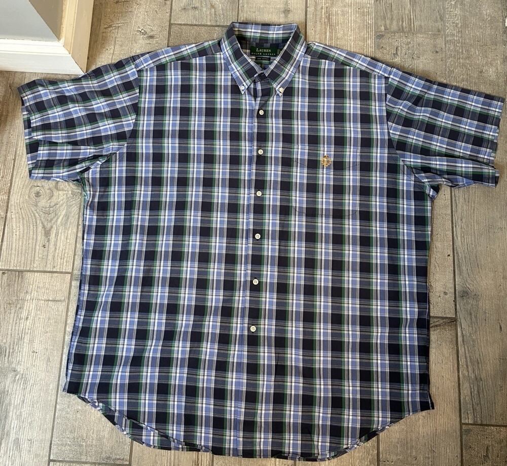 Vintage Lauren Ralph Lauren Plaid Short Sleeve Button Down Shirt Mens XL Crest